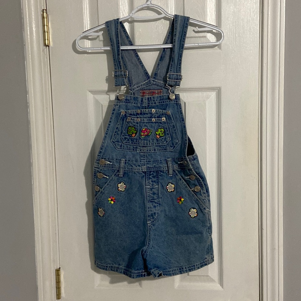 90s Vintage rare Revolt denim short overalls with mushroom turtle & flowers Y2K